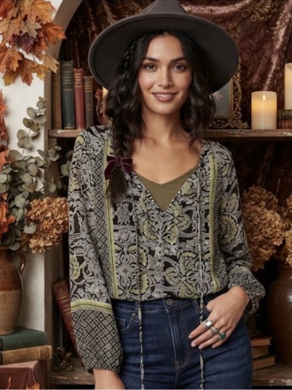 Apt 9 Sheer Floral Paisley Long-Sleeve Blouse in Black and Olive Size XS